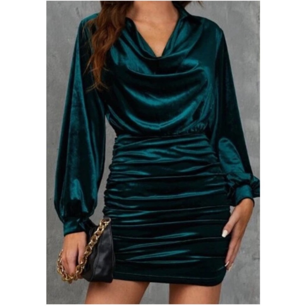 Luxe Dark Green Velvet Drapey Fitted Party Evening Dress S M L